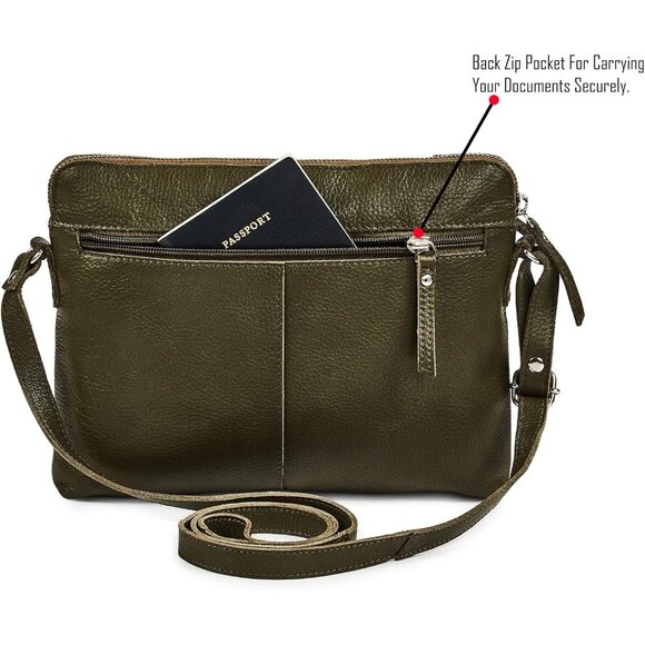 Women Olive Imported Leather Polyester Crossbody Sling Shoulder Crossover Bag - Picture 5 of 6